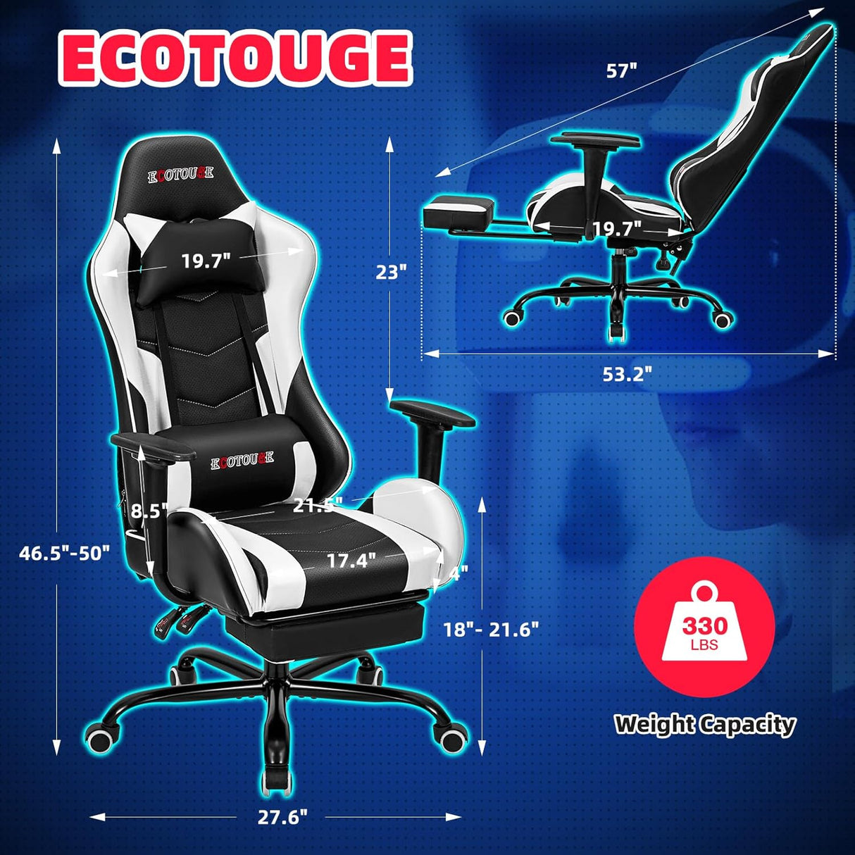Silla Gamer de masaje de PC con reposapiés ECOTOUGE