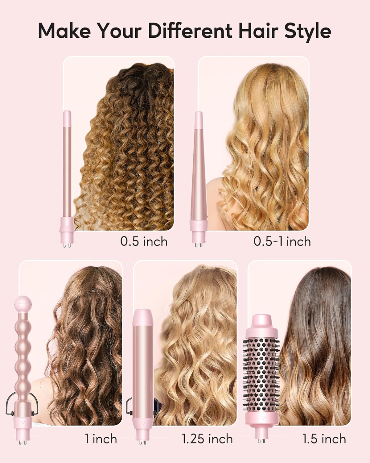 Rizador 5 en 1 juego con cepillo rizador y 4 varitas