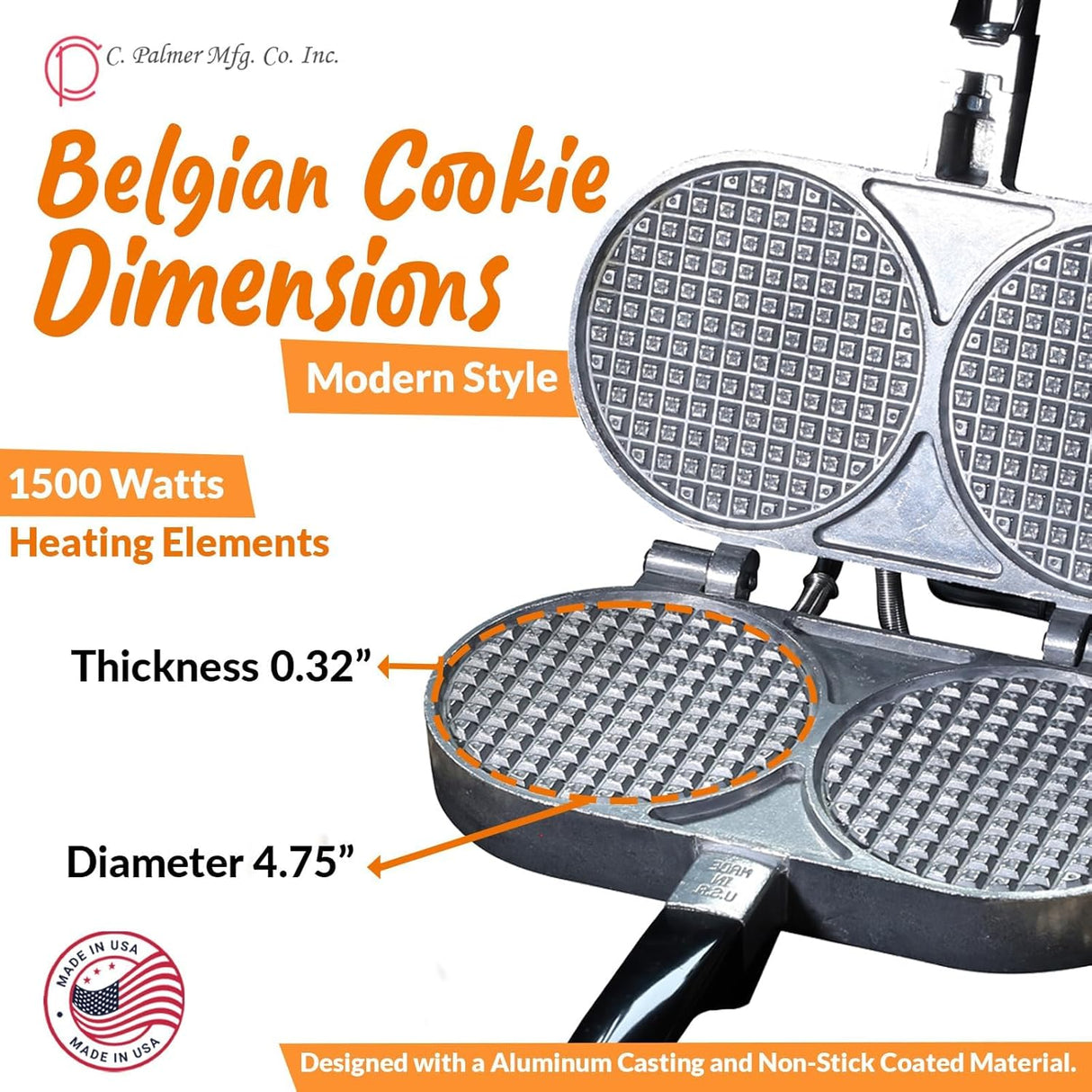 C Palmer Wafflera Belga Doble, Hierro de Aluminio, USA