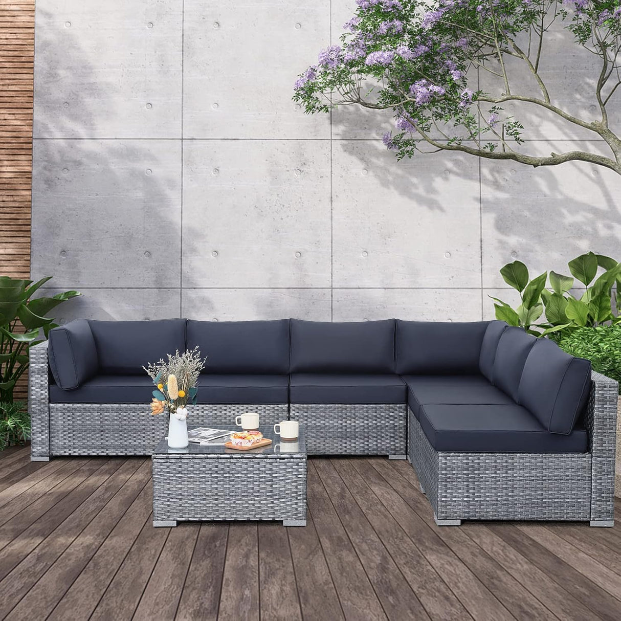 Valita Juego de muebles de mimbre PE para exteriores, 7 piezas, sofá seccional de ratán gris con cojines lavables azul oscuro