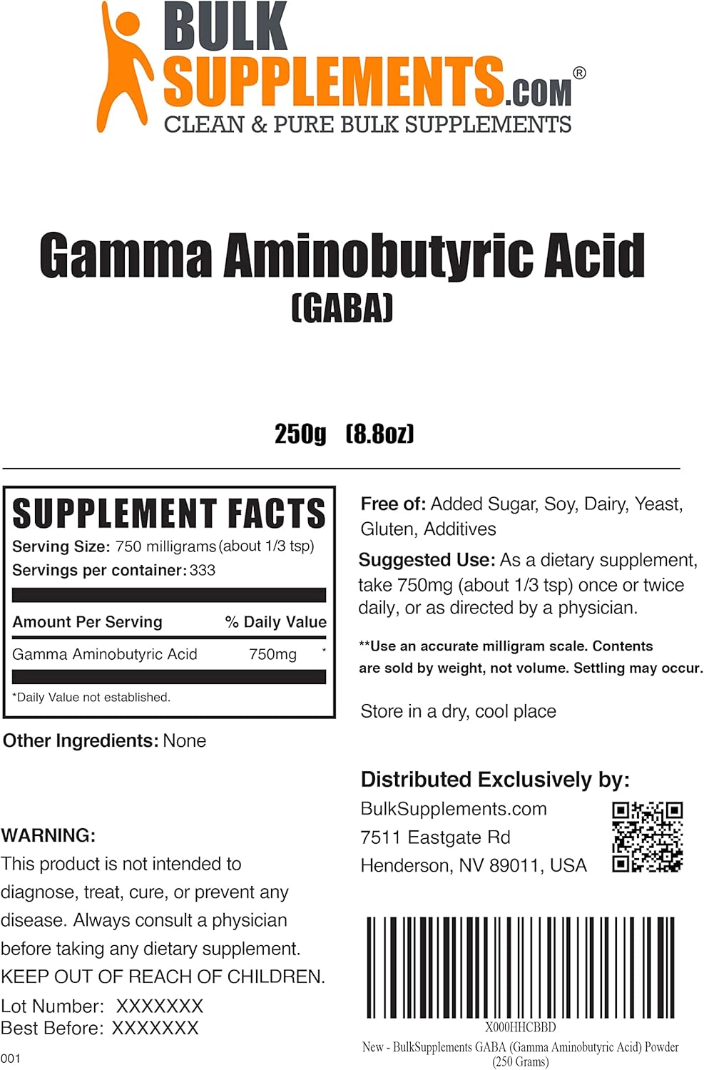 Suplemento BulkSupplements ácido gamma aminobutírico (GABA)