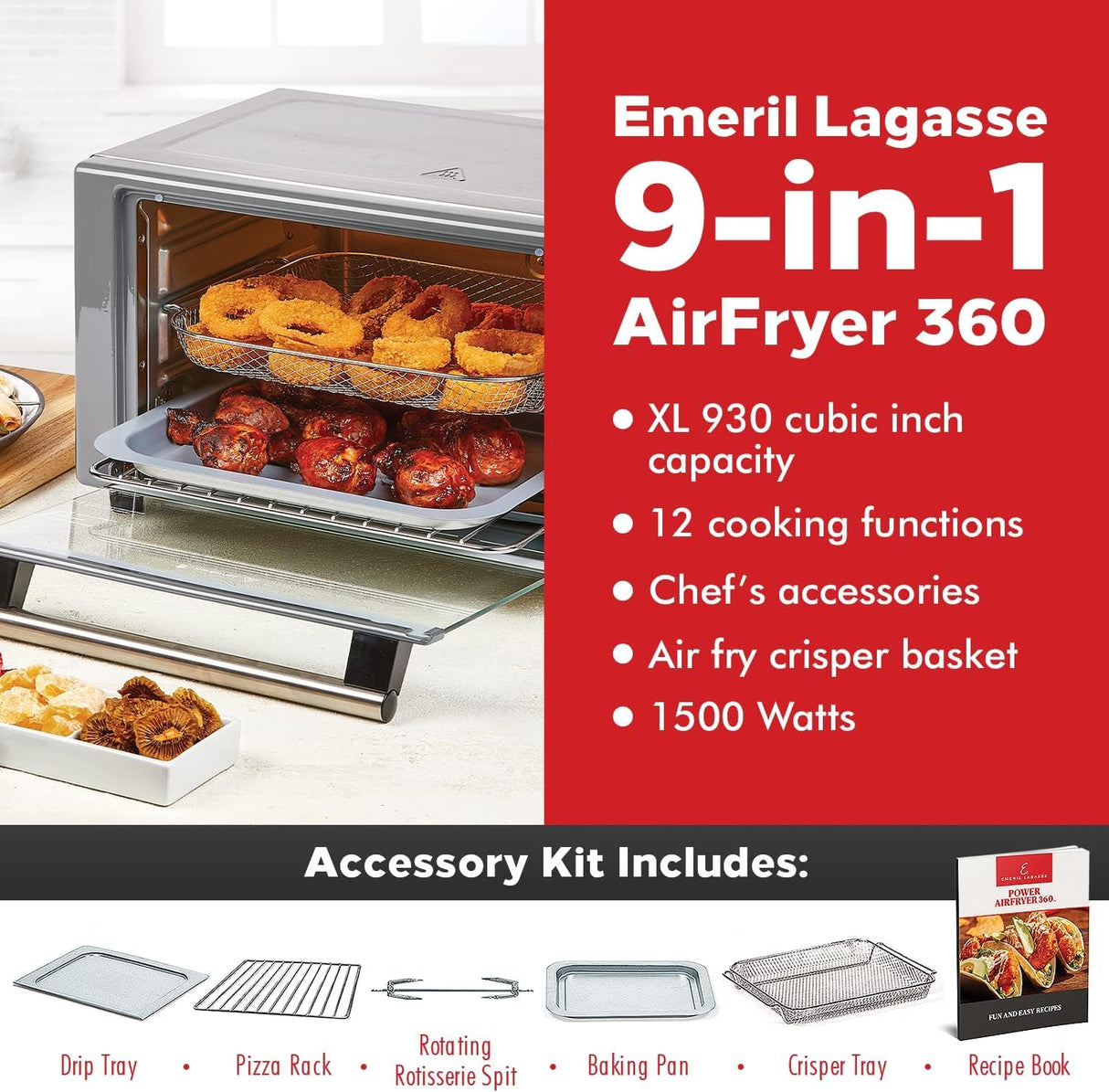 Freidora de aire Emeril Lagasse, 9 en 1, XL, Everyday 360