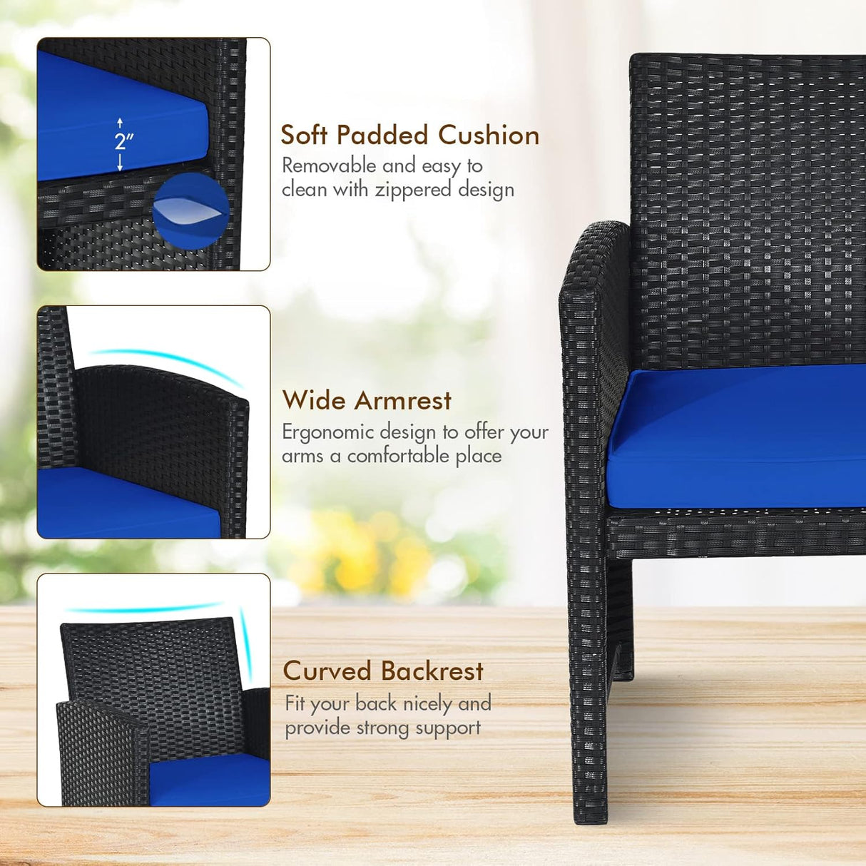 Goplus Juego de muebles de ratán para patio, 4 piezas, sofá y mesa de mimbre para exteriores con cojines suaves y mesa de centro de vidrio templado para balcón, jardín, patio trasero (azul)