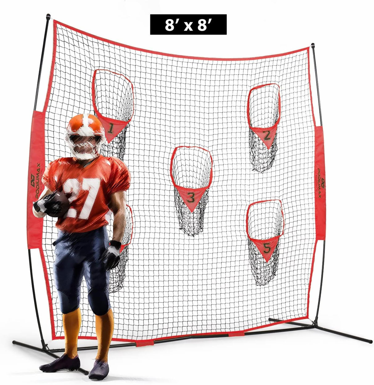 Red de lanzamiento portátil para entrenador de fútbol, 8x8 pies con 5 bolsillos