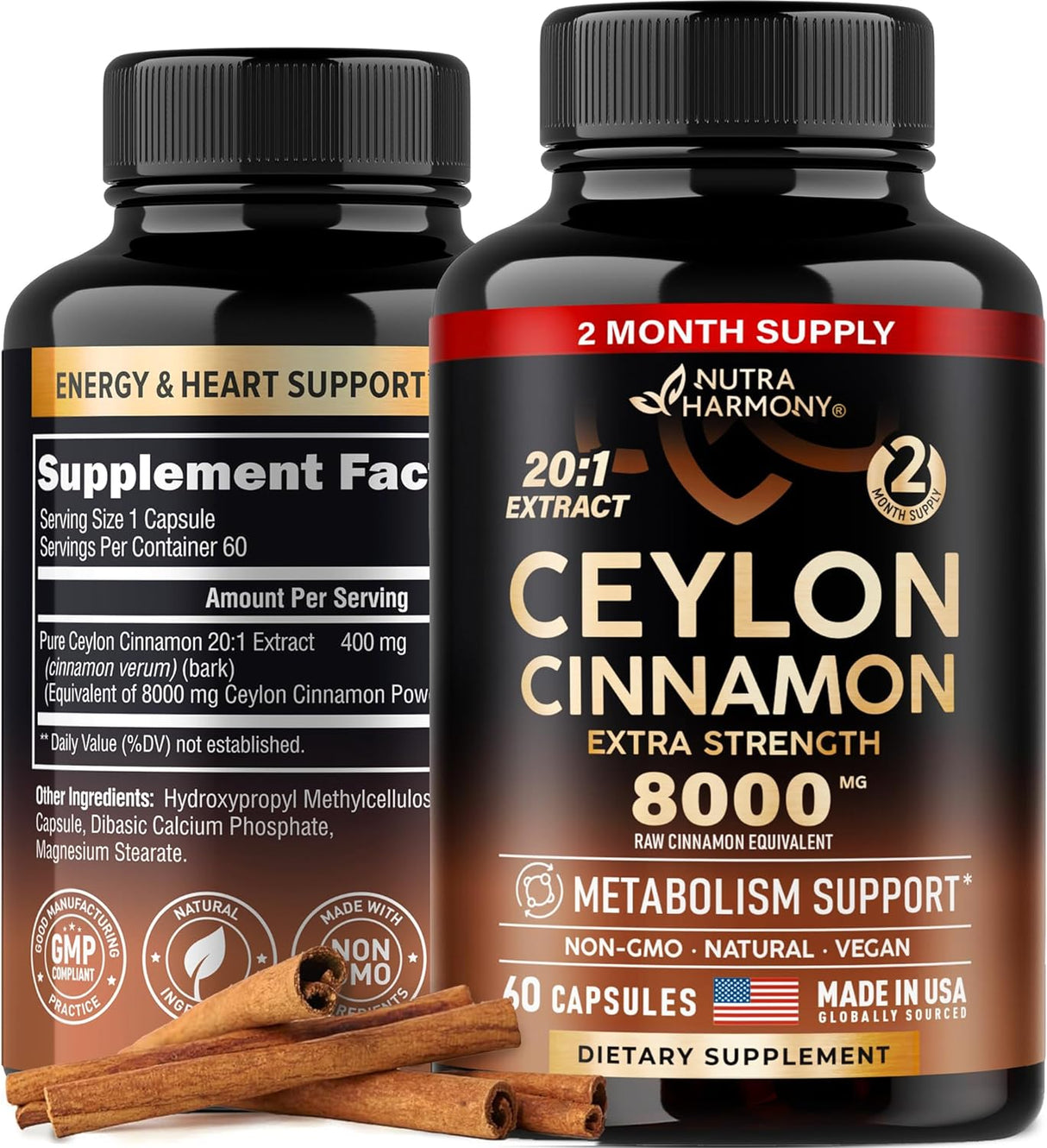 Cápsulas de Canela de Ceilán 8000 mg, Extra Fuerza, 60 Unidades