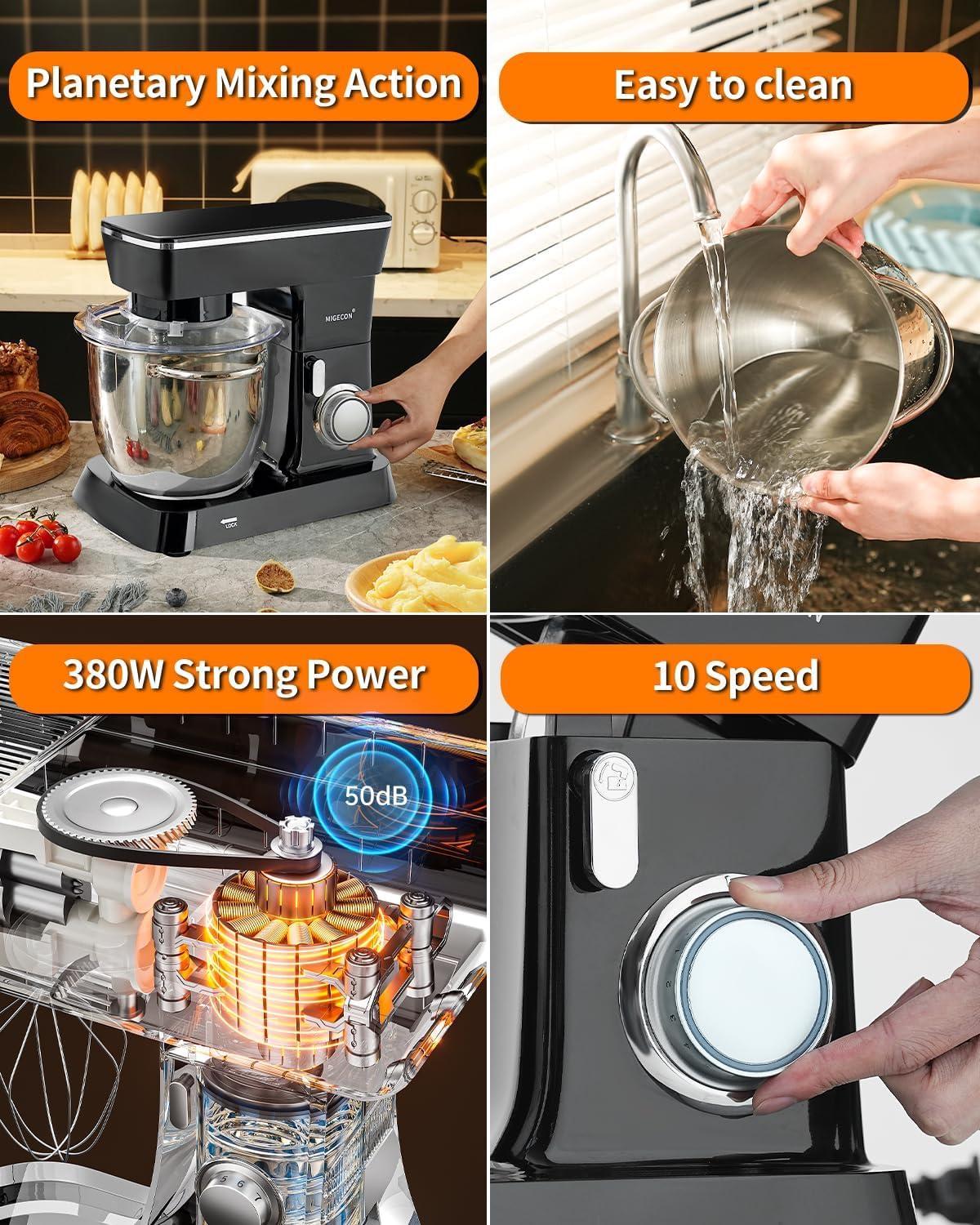 Batidora de pie MIGECON, 5.26 QT, 10 velocidades, acero inoxidable