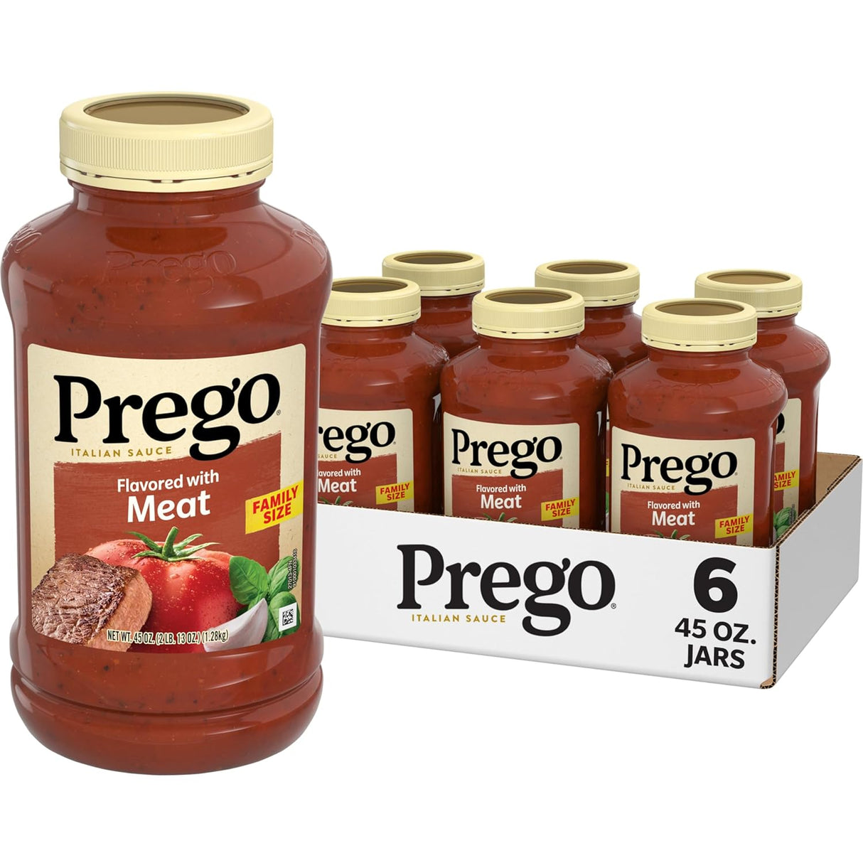 Prego Salsa italiana de pasta de tomate saborizada con carne, tarro de 45 onzas (caja de 6)