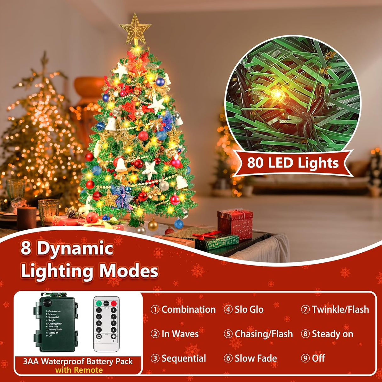 Árbol de Navidad Artificial 3FT, 200 Ramas, 80 Luces LED