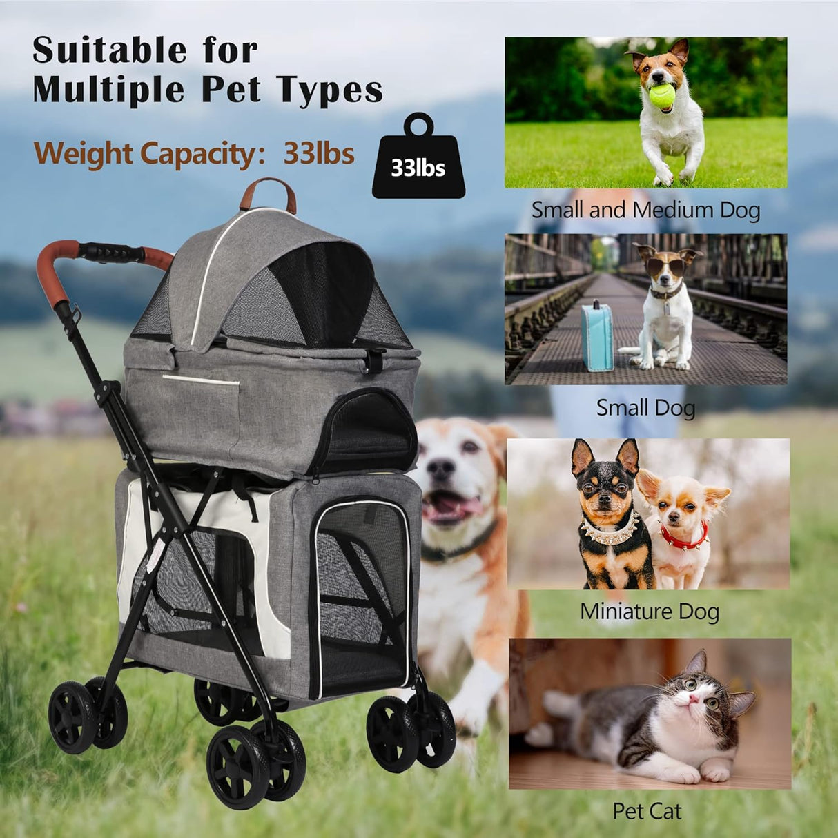 Carrito de mascotas 3 en 1, marca XYZ, portátil y plegable