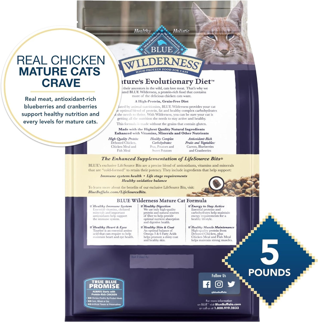 Blue Buffalo Alimento para gatos maduros, receta de pollo natural Wilderness Natural, alimento seco para gatos mayores, bolsa de 5 libras