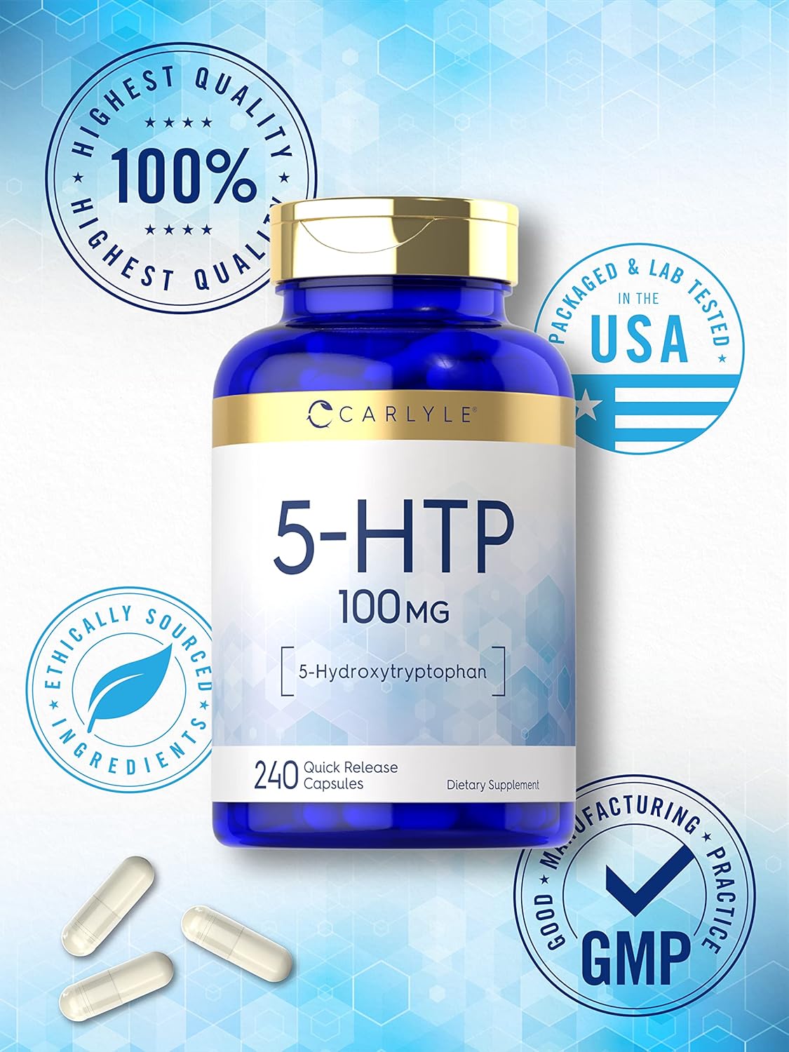 Suplemento 5HTP 100mg | Carlyle | No GMO, Sin Gluten | 240 Cápsulas