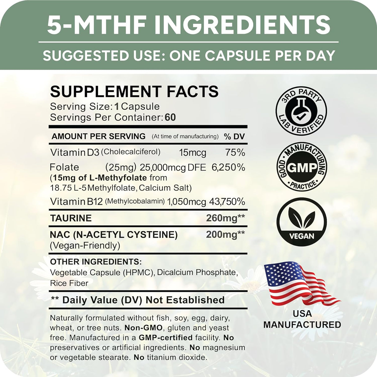 Suplemento 5-MTHF L-metilfolato de 15 mg folato B9 bioactivo