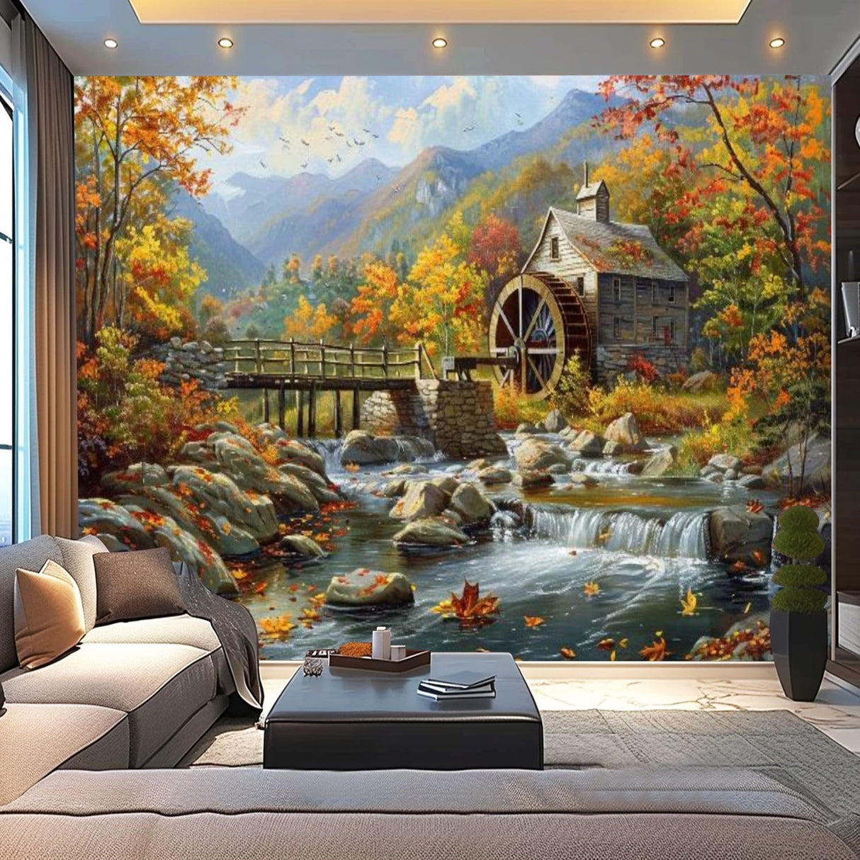 Mural 3D Moderno Naturaleza Vintage Autum Gristmill Autoadhesivo