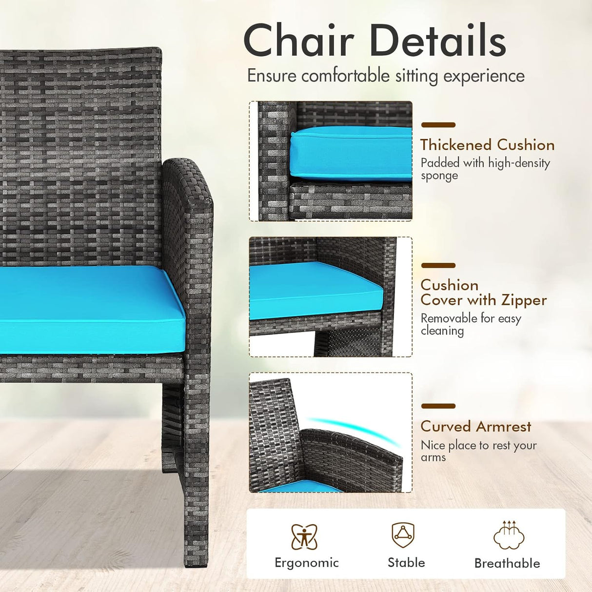 Goplus Juego de muebles de ratán de 4 piezas, sofá de conversación de mimbre para exteriores con cojines resistentes a la intemperie y mesa de vidrio templado para césped, patio, piscina, jardín (turquesa)