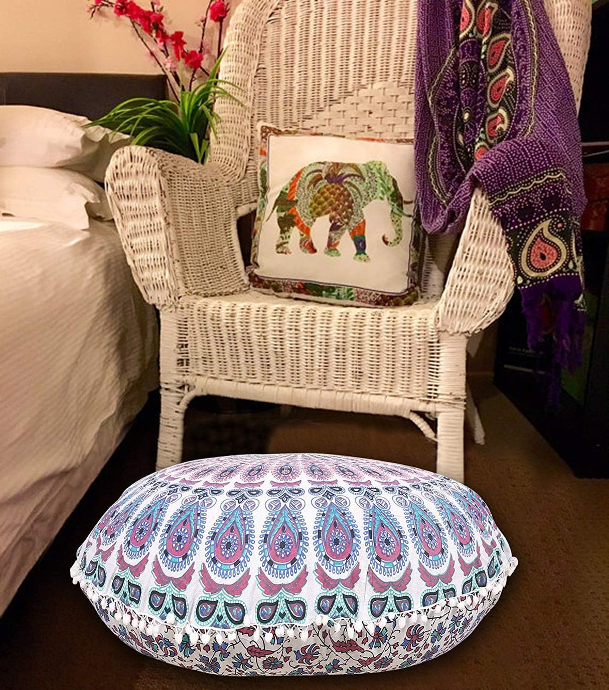 Funda bohemia para cojín, de 32 pulgadas, con diseño de mandala, para meditación, decorativa, otomana, grande, para exteriores, decoración del hogar, decoración de arte en el hogar, redonda, con pompones de algodón, cómoda