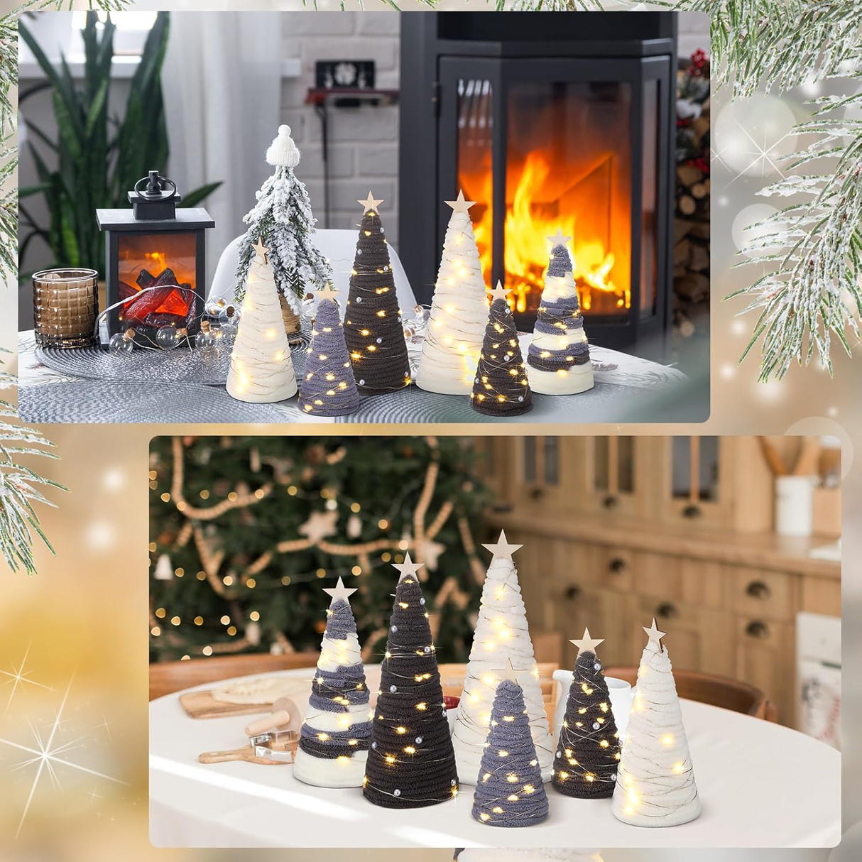 Árboles de lana navideños, decoración rústica, 6 piezas, LED