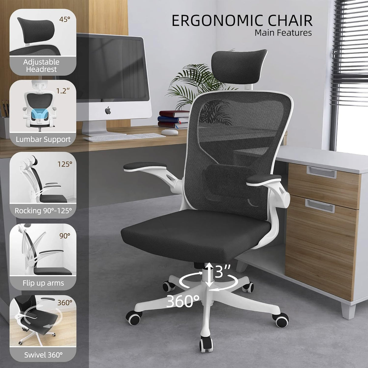 Oficina Silla Ergonómica con Soporte Lumbar y Reposacabezas 3D