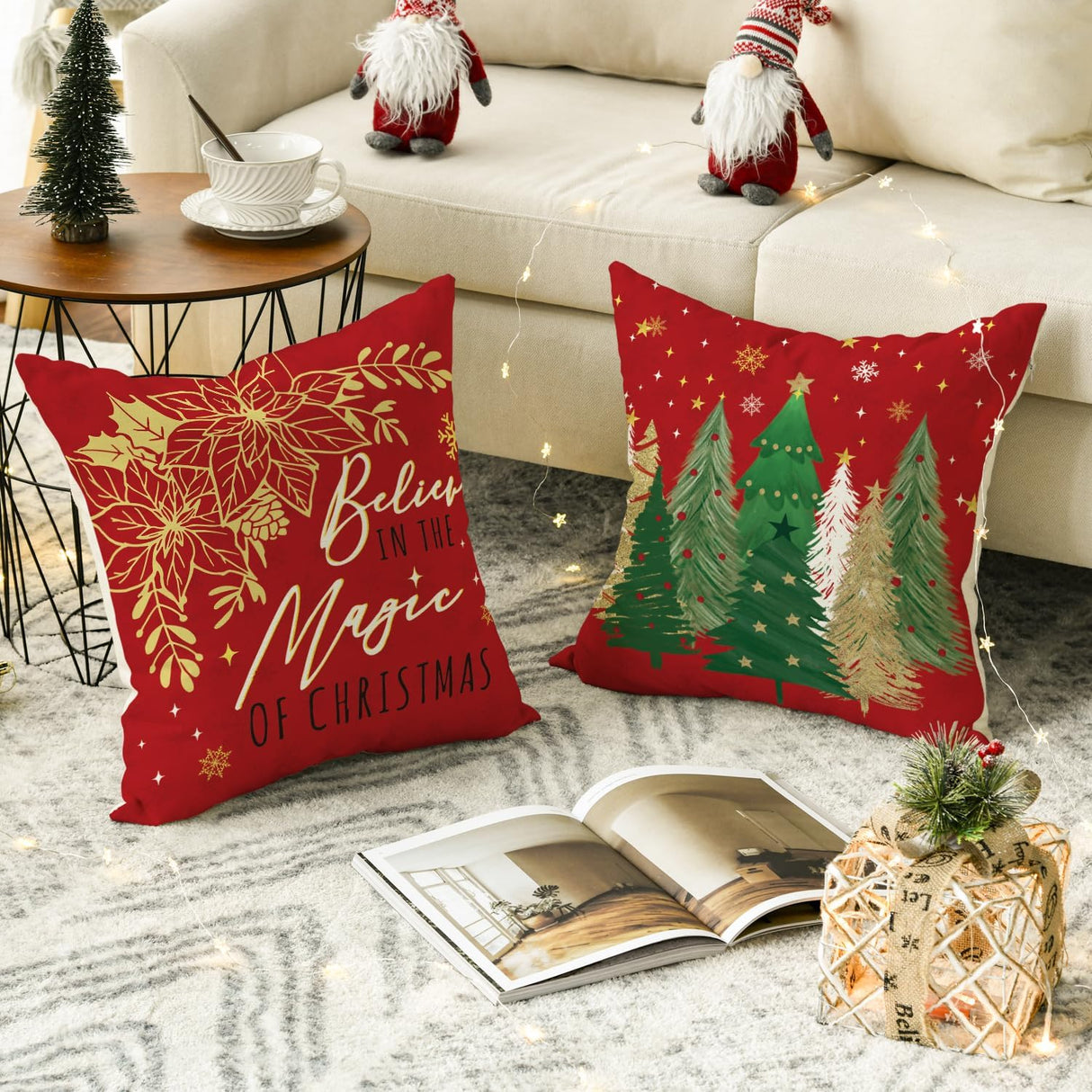 Fundas de cojín navideñas 18x18, diseño de árboles y copos
