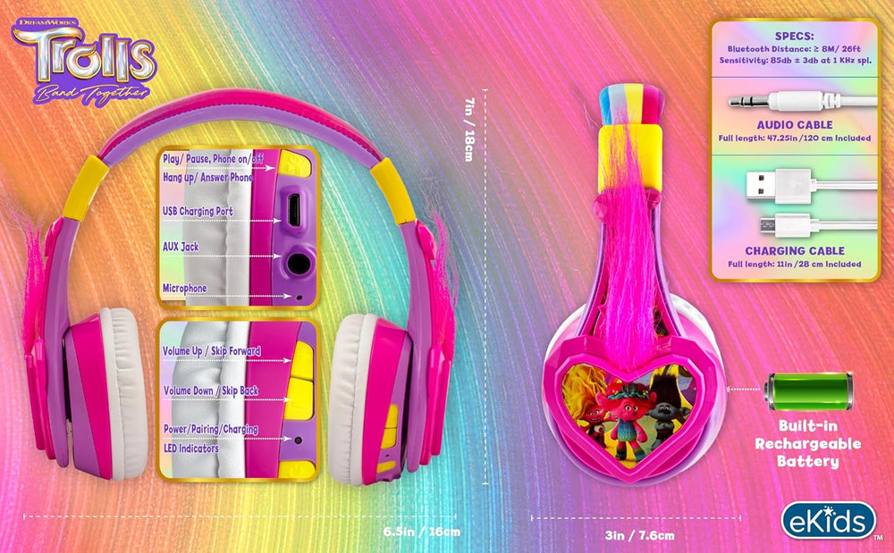 Auriculares Bluetooth eKids Trolls, Plegables y Con Micrófono