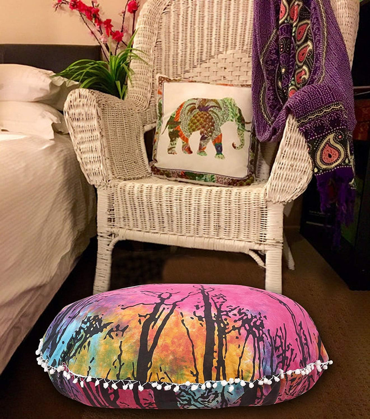 Funda bohemia para cojín, de 32 pulgadas, con diseño de mandala, para meditación, decorativa, otomana, grande, para exteriores, decoración del hogar, decoración de arte en el hogar, redonda, con pompones de algodón, cómoda