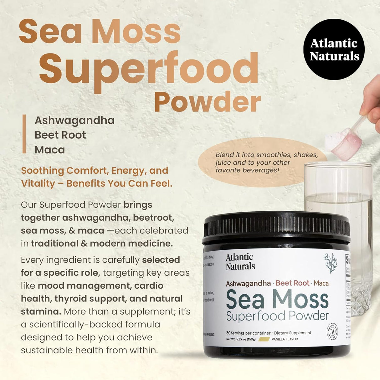 Atlantic Naturals Polvo de Sea Moss con Ashwagandha y Maca - 150g