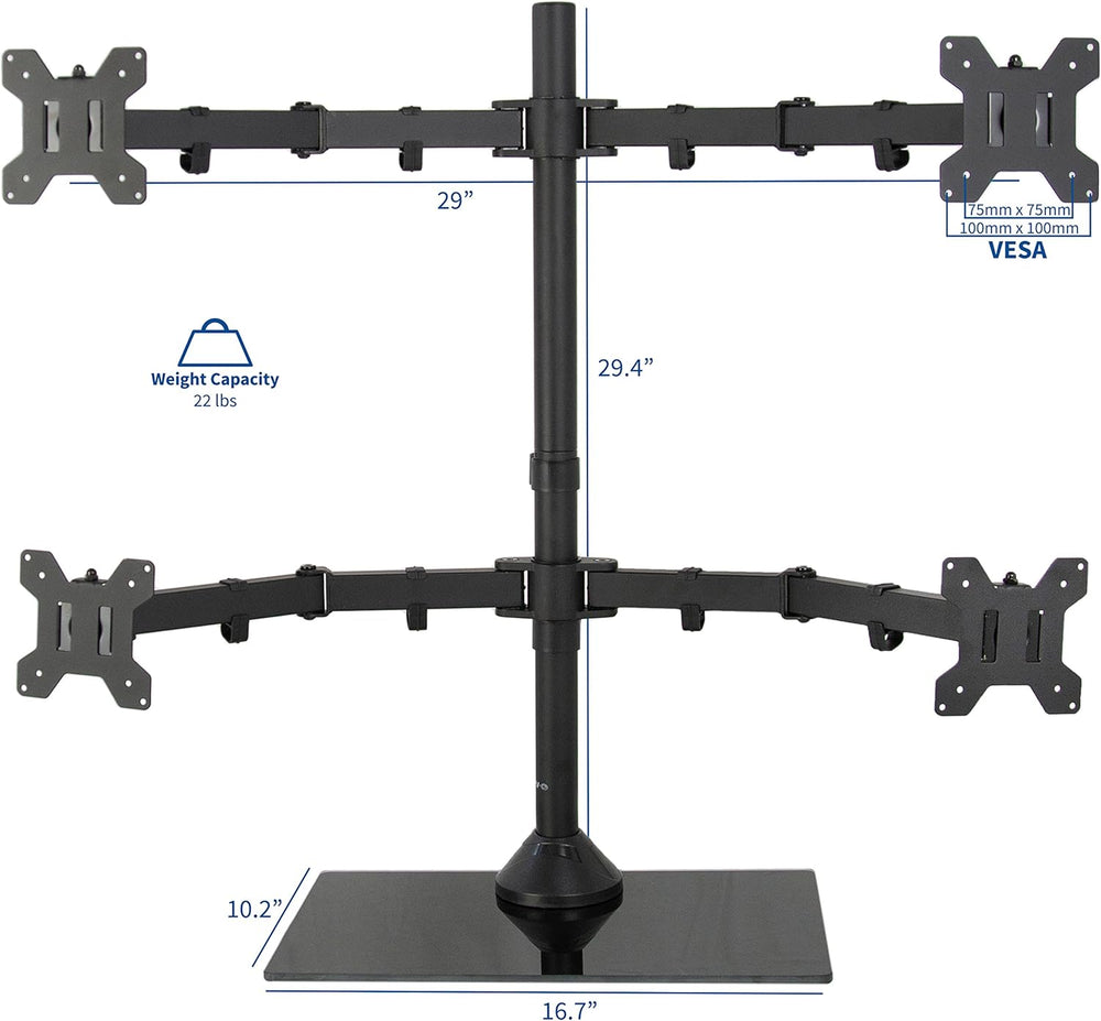 Soporte de Escritorio para 4 Monitores VIVO, Base de Vidrio, STAND-V004FG
