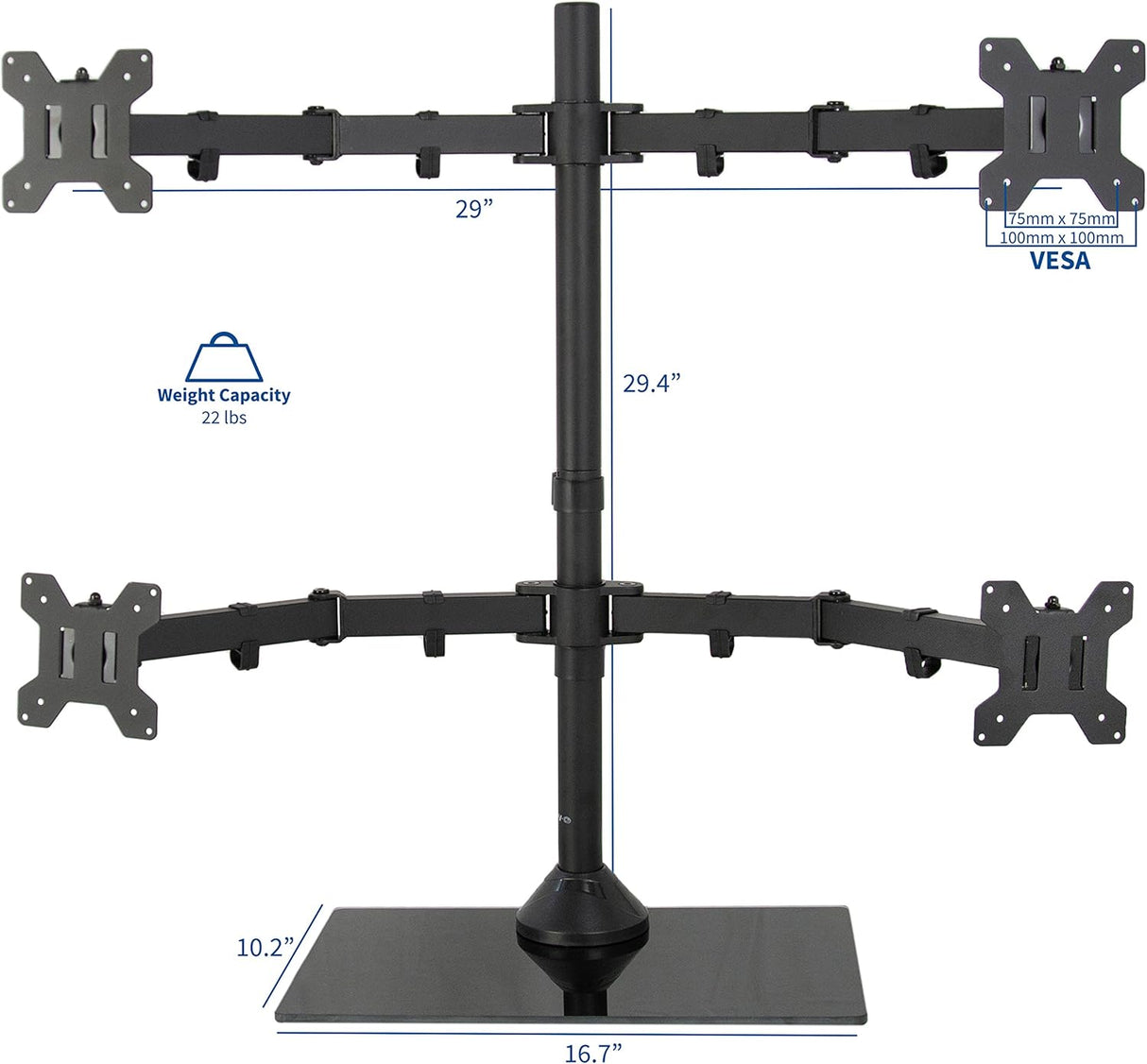 Soporte de Escritorio para 4 Monitores VIVO, Base de Vidrio, STAND-V004FG