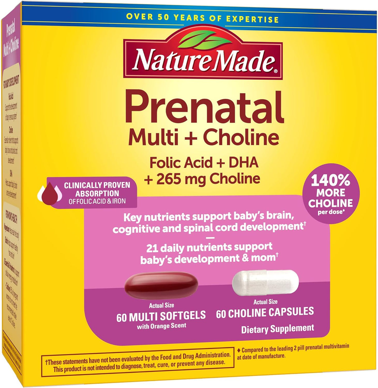 Suplemento prenatal Nature Made con Ácido Fólico, DHA y Colina, 60 cápsulas