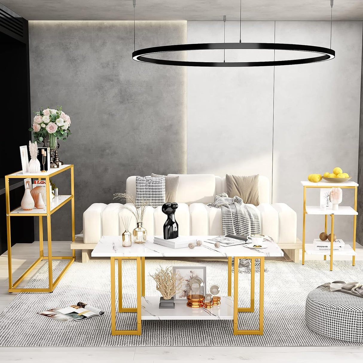 Juego de Mesas con Mármol y Marco Metálico para Sala y Oficina