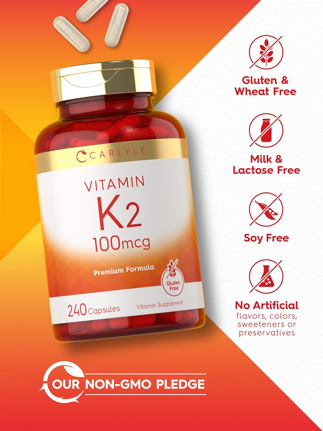Suplemento de Vitamina K2 Carlyle 100 mcg, 240 cápsulas