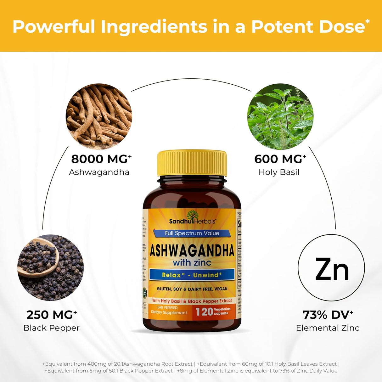 Suplemento de Ashwagandha Sandhu Herbals 120 Cápsulas 8000mg