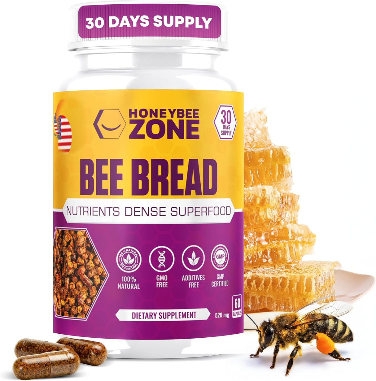 Natural Raw Beebread Veggie Caps, Multivitamin, Probiotic Supplement