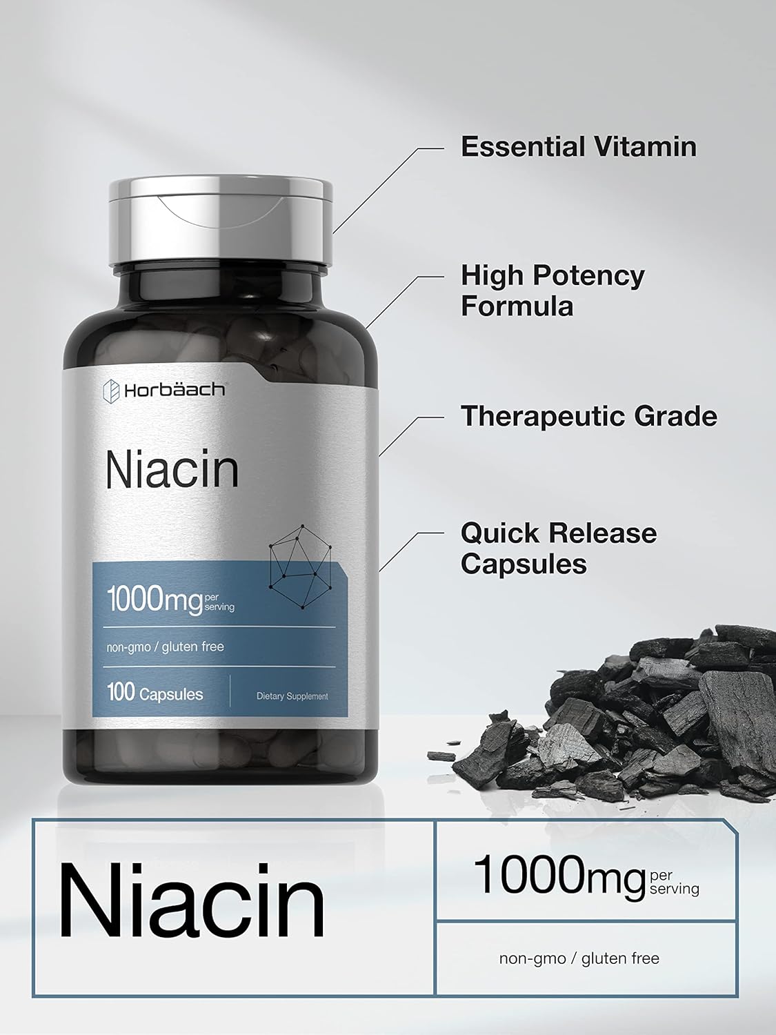Suplemento Vitamina B3 de niacina 1000 mg 100 cápsulas