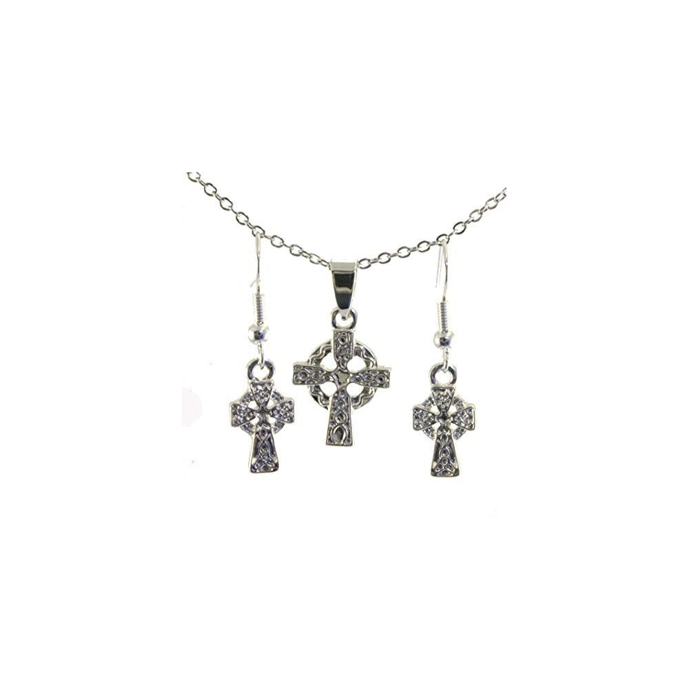Juego Colgante y arete bañado en plata 18 diseño Cruz Celta
