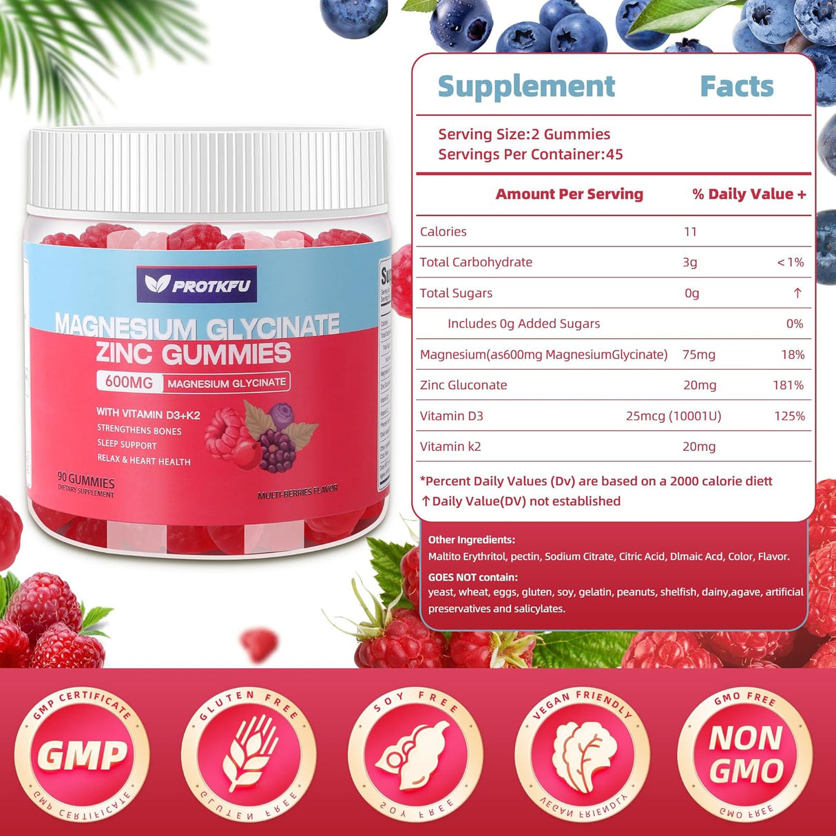 Gomitas de Magnesio Glycinate 600mg, 90u, Sin Azúcar