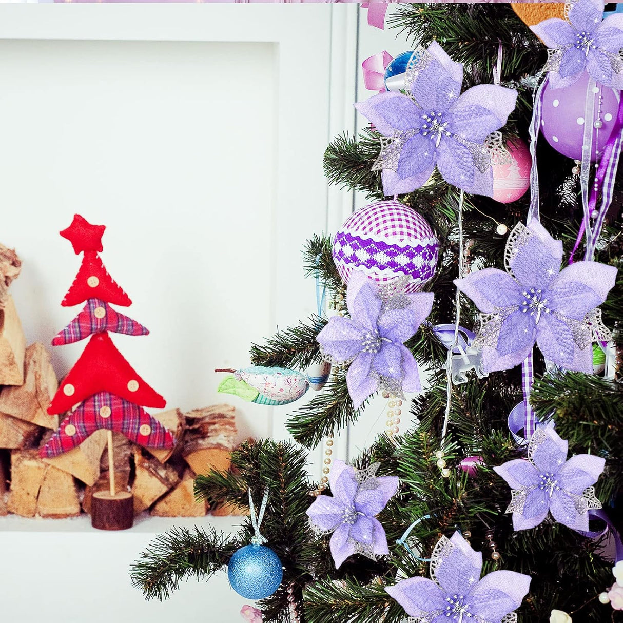 Flores Artificiales Poinsettia Glitter, WILLBOND, 36 Piezas