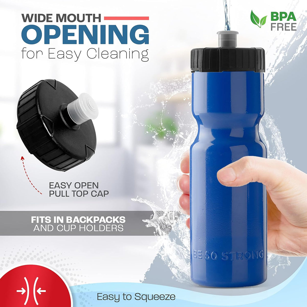 50 Strong - Paquete de 6 botellas de agua para deportes, 22 onzas Botella para bicicleta y deporte sin bisfenol A, con tapa fácil de abrir sin rosca, fabricada en Estados Unidos.