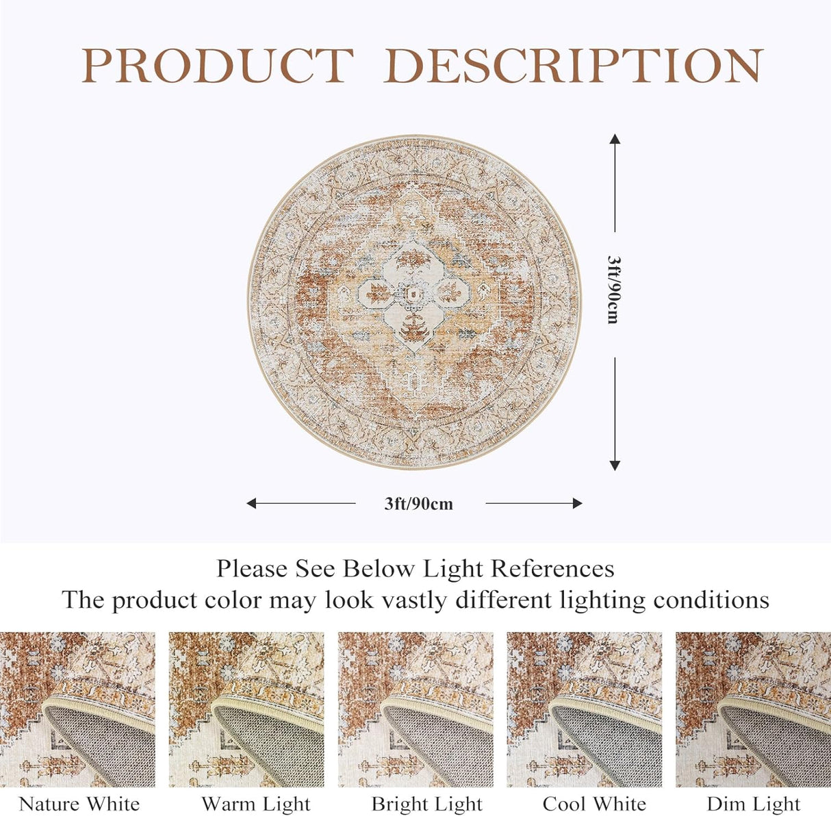 Alfombra bohemia redonda de 3 pies, antideslizante Lahome