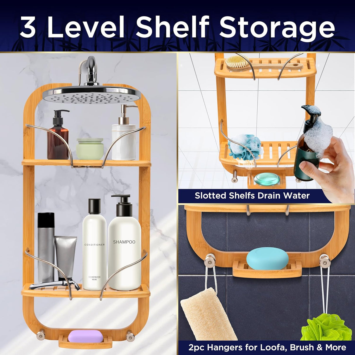 SereneLife Organizador colgante bambú para ducha 3 niveles