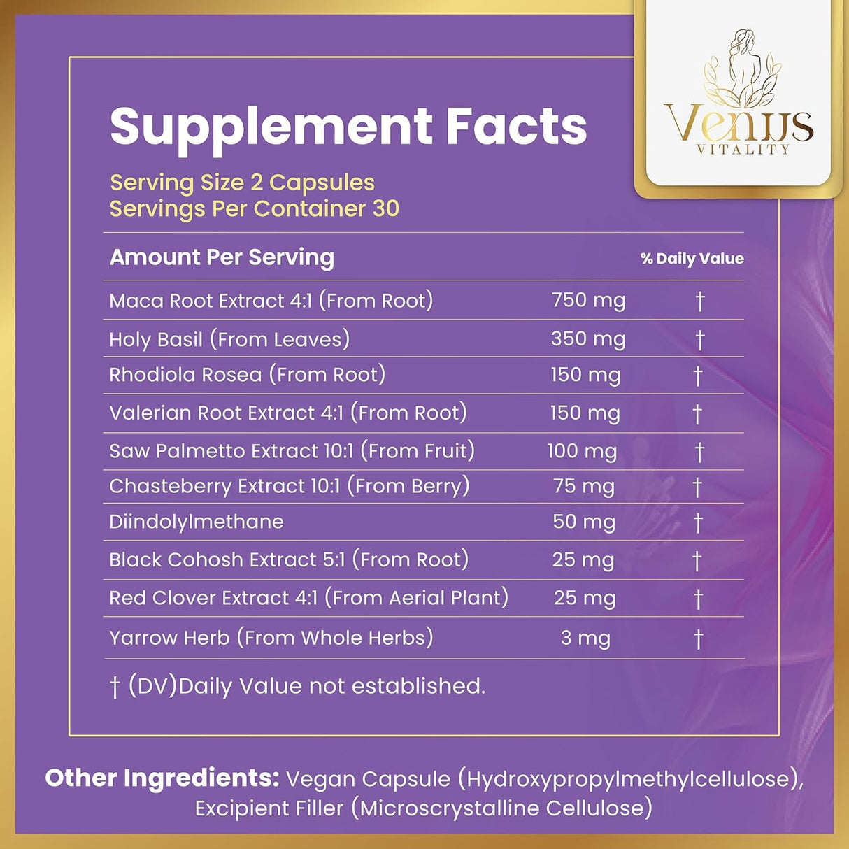 Suplemento de equilibrio hormonal con Black Cohosh, Maca y Basil para menopausia