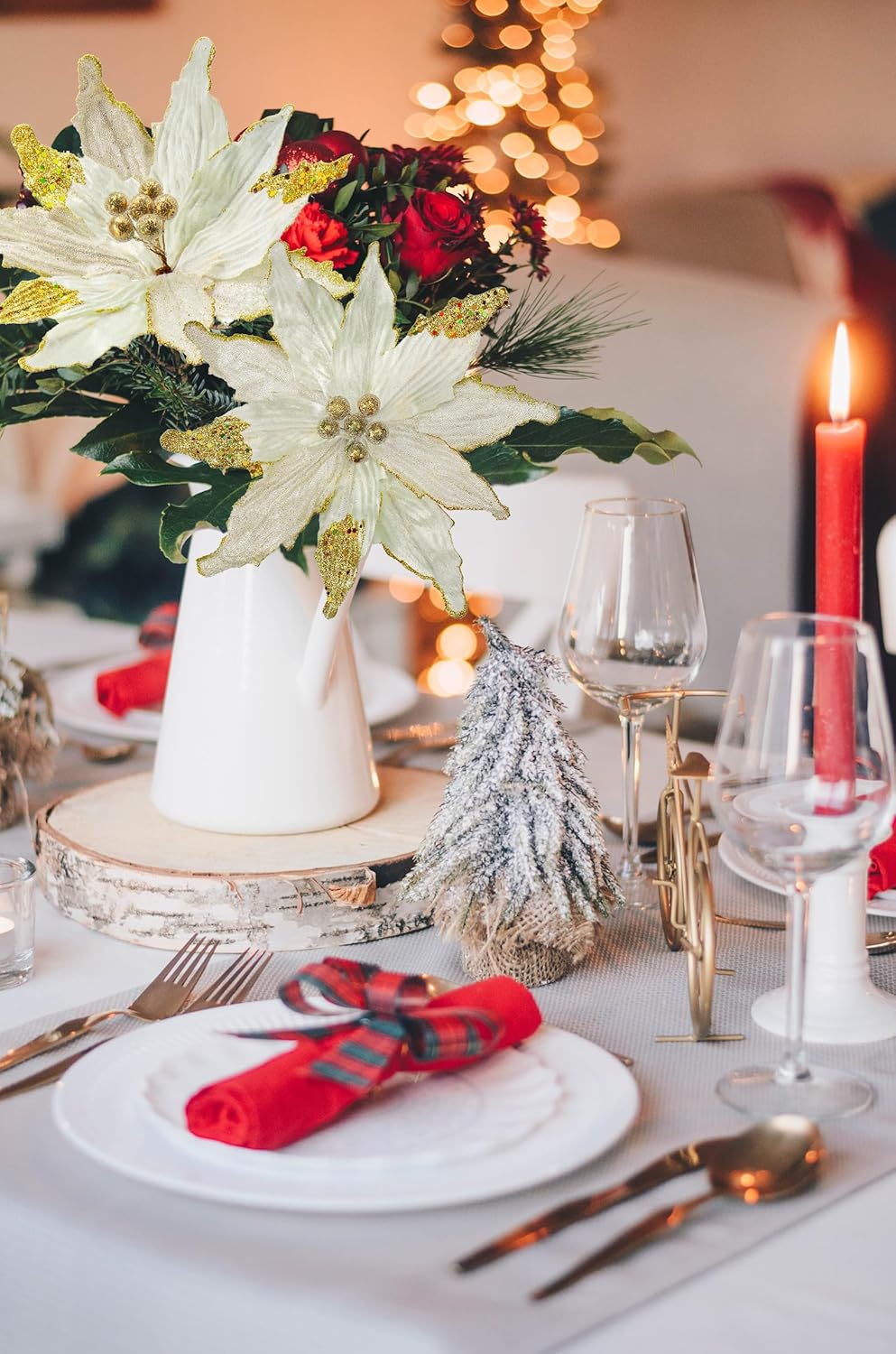 Flores Poinsettia Artificial Briful 12'' Set de 4 para Decorar