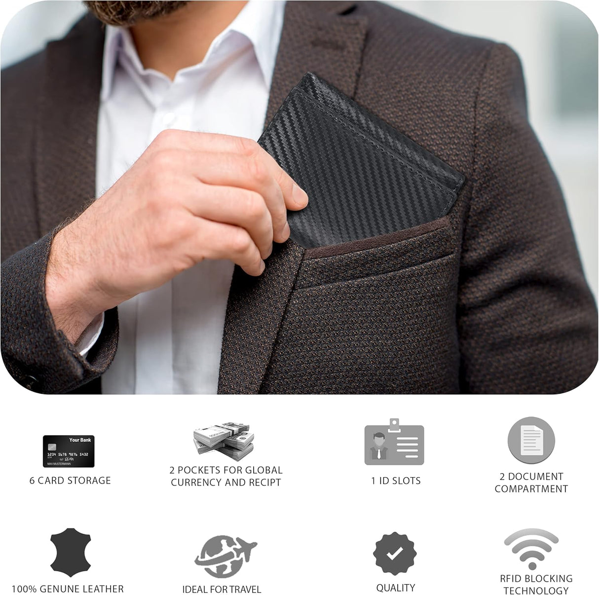 Billetera de Piel Trifold para Hombre - RFID, 9 Tarjetas, 2 ID