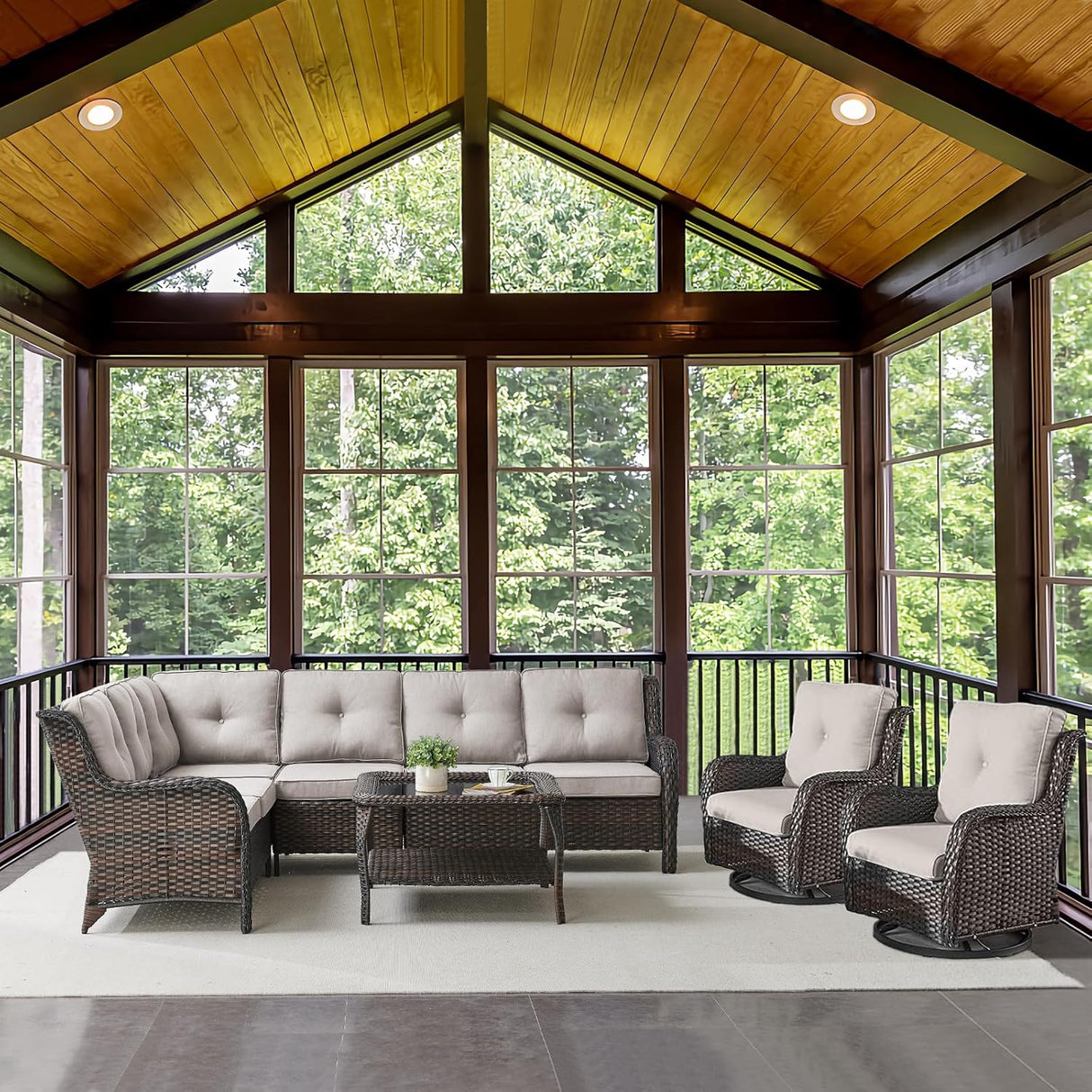 Belord Sofá seccional de muebles de exterior, sofá en forma de L, juego de mimbre para patio con 2 sillas deslizantes giratorias, juegos de conversación de ratán de 7 piezas con cojín beige para terraza, patio trasero, terraza y solárium