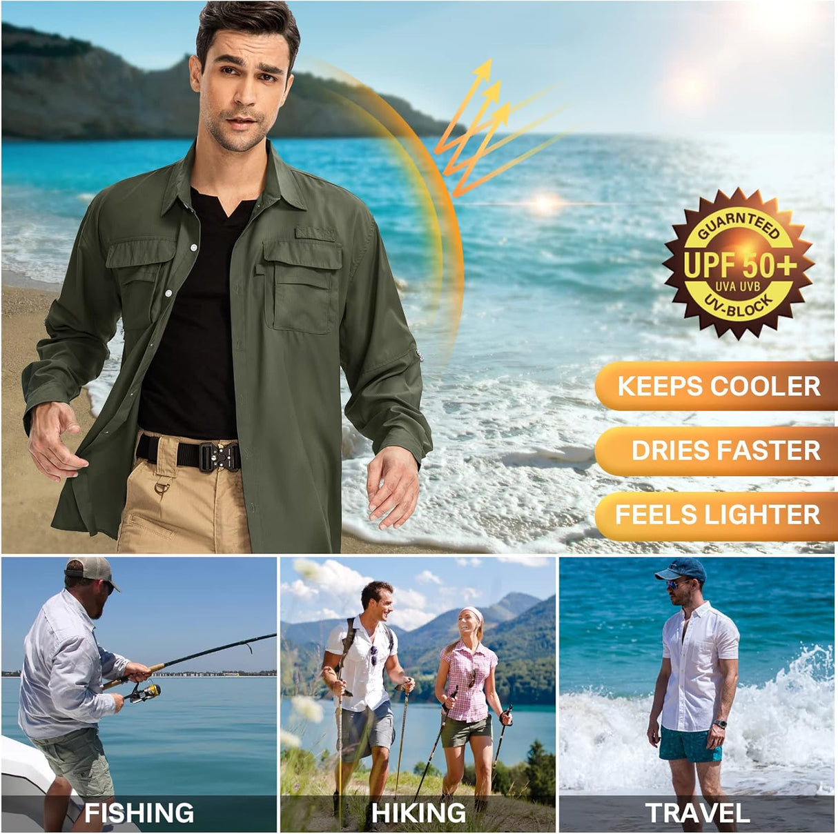 Anteef Camisas de safari para hombre manga larga