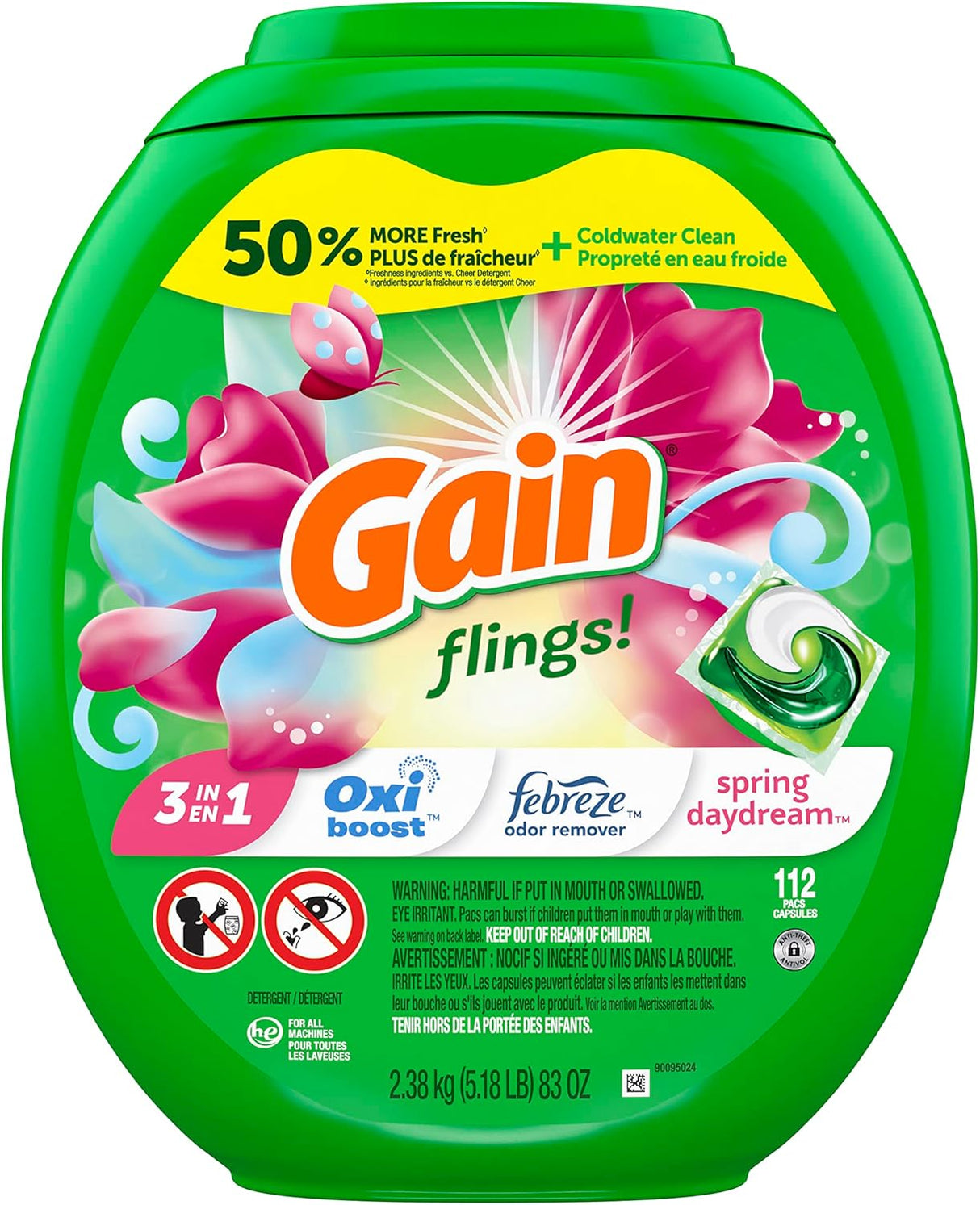 Gain flings Laundry Detergent Soap Pacs HE Compatible 112 ct Long Lasting Scent Spring Daydream
