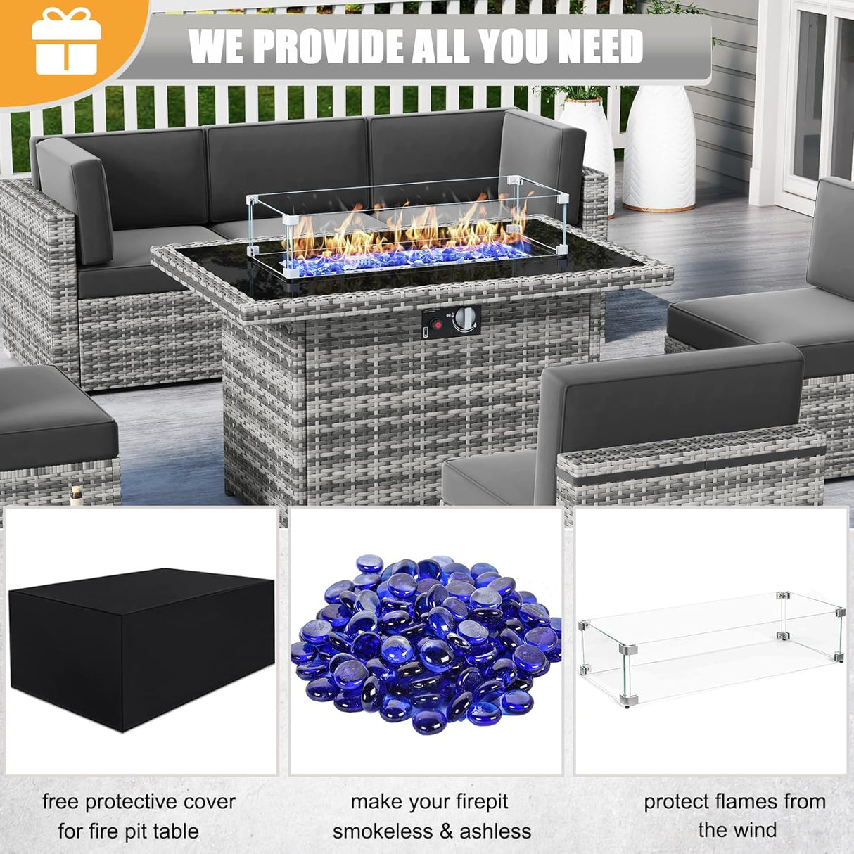 LayinSun Juego de muebles de patio de 8 piezas con mesa para fogata, juegos de conversación al aire libre, sofá modular de ratán de mimbre con mesa de café