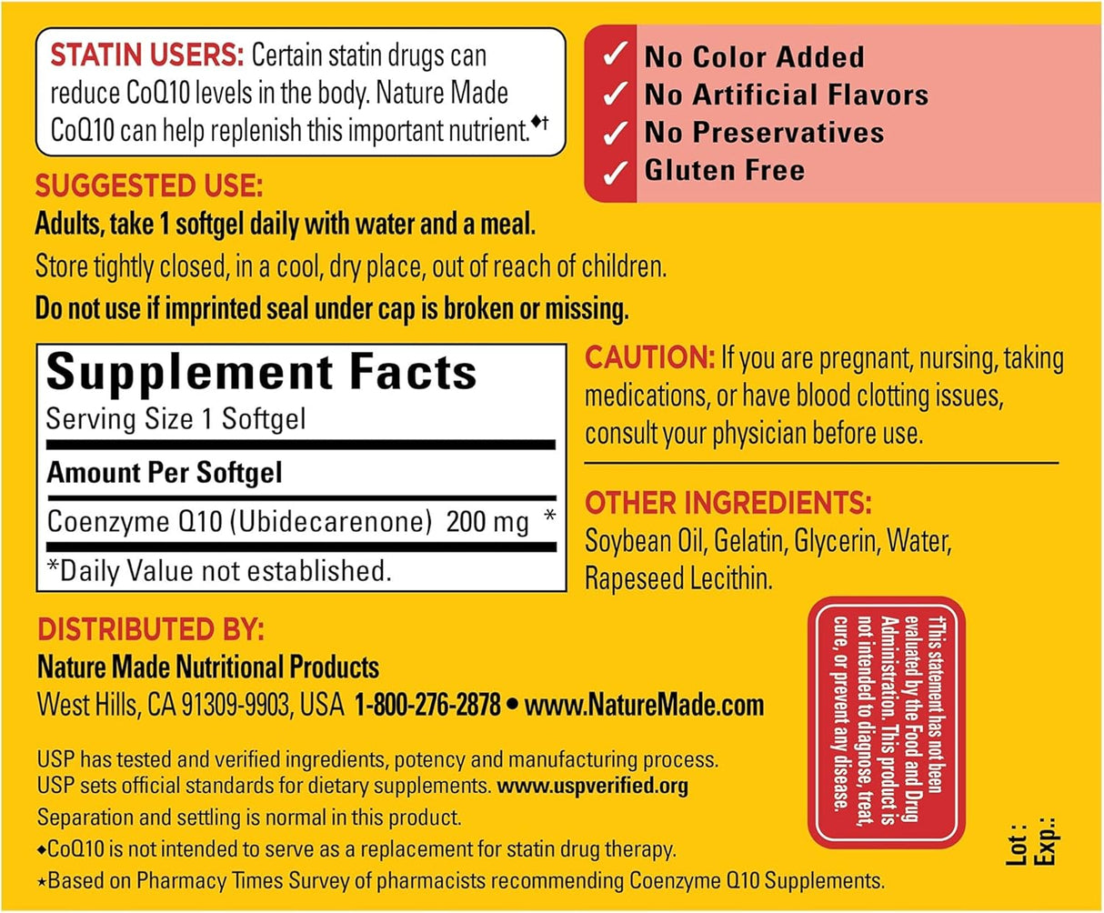 Suplemento CoQ10 200mg Nature Made para el corazón 100 cápsulas
