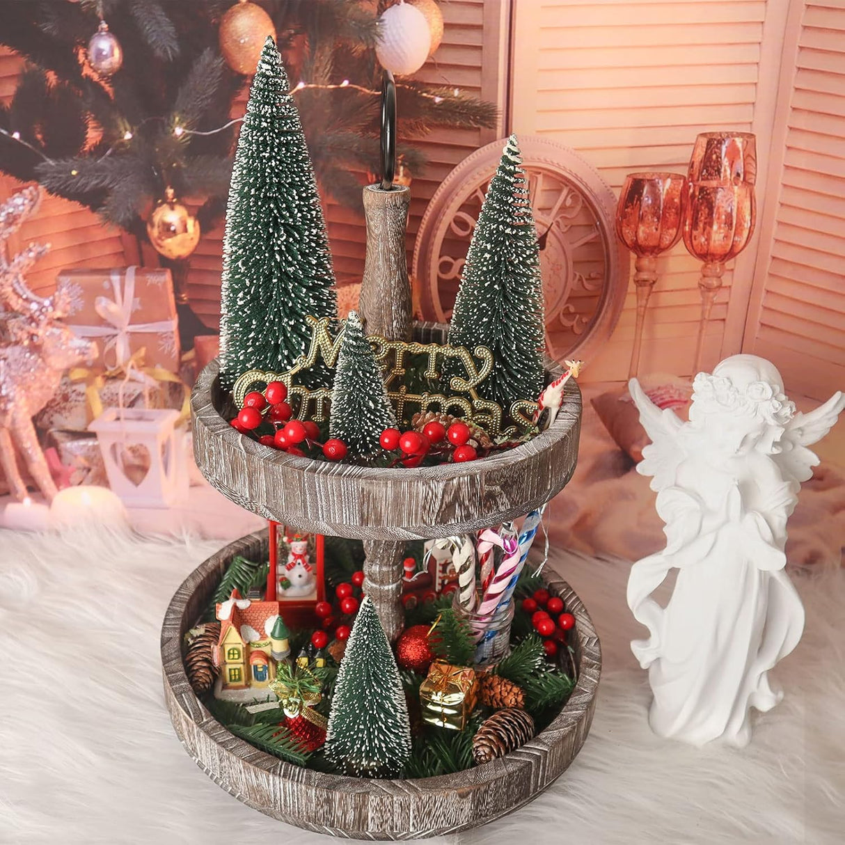 Mini Árbol de Navidad, Base de Madera, 4 Piezas, Decoración