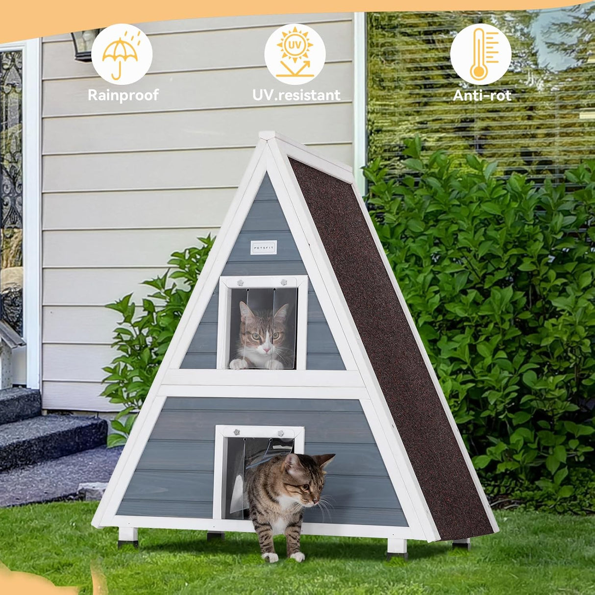 Casa para gatos al aire libre resistente con puerta de escape