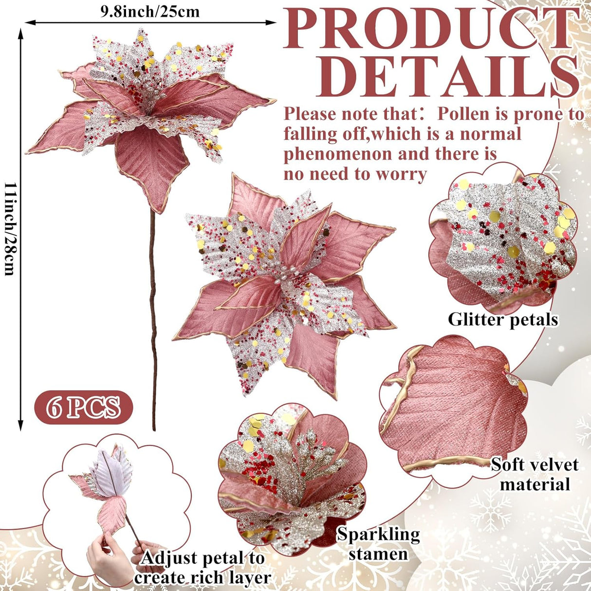 Flores Poinsettia Artificial Hotop 6 Pcs 11 Decoraciones Navideñas